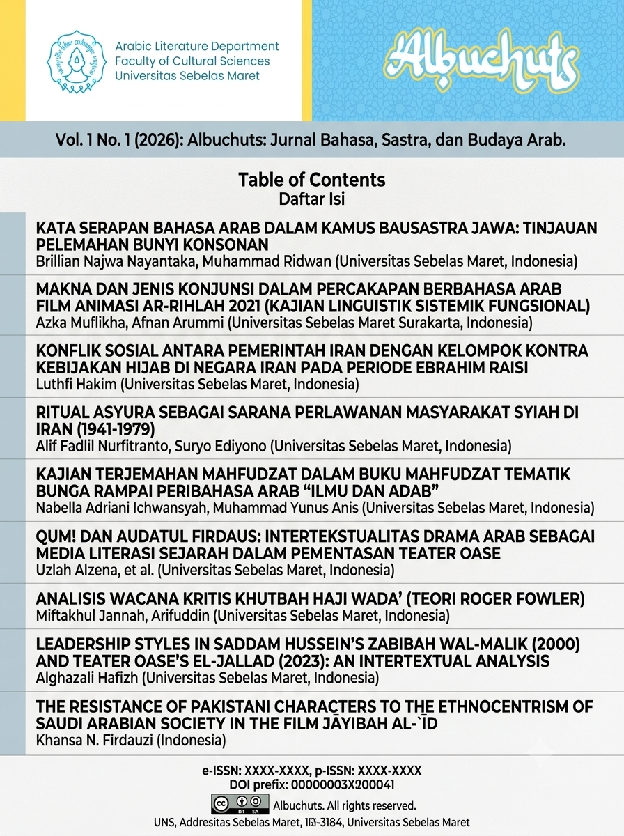 					View Vol. 1 No. 1 (2026): Albuchuts: Jurnal Bahasa, Sastra, dan Budaya Arab
				
